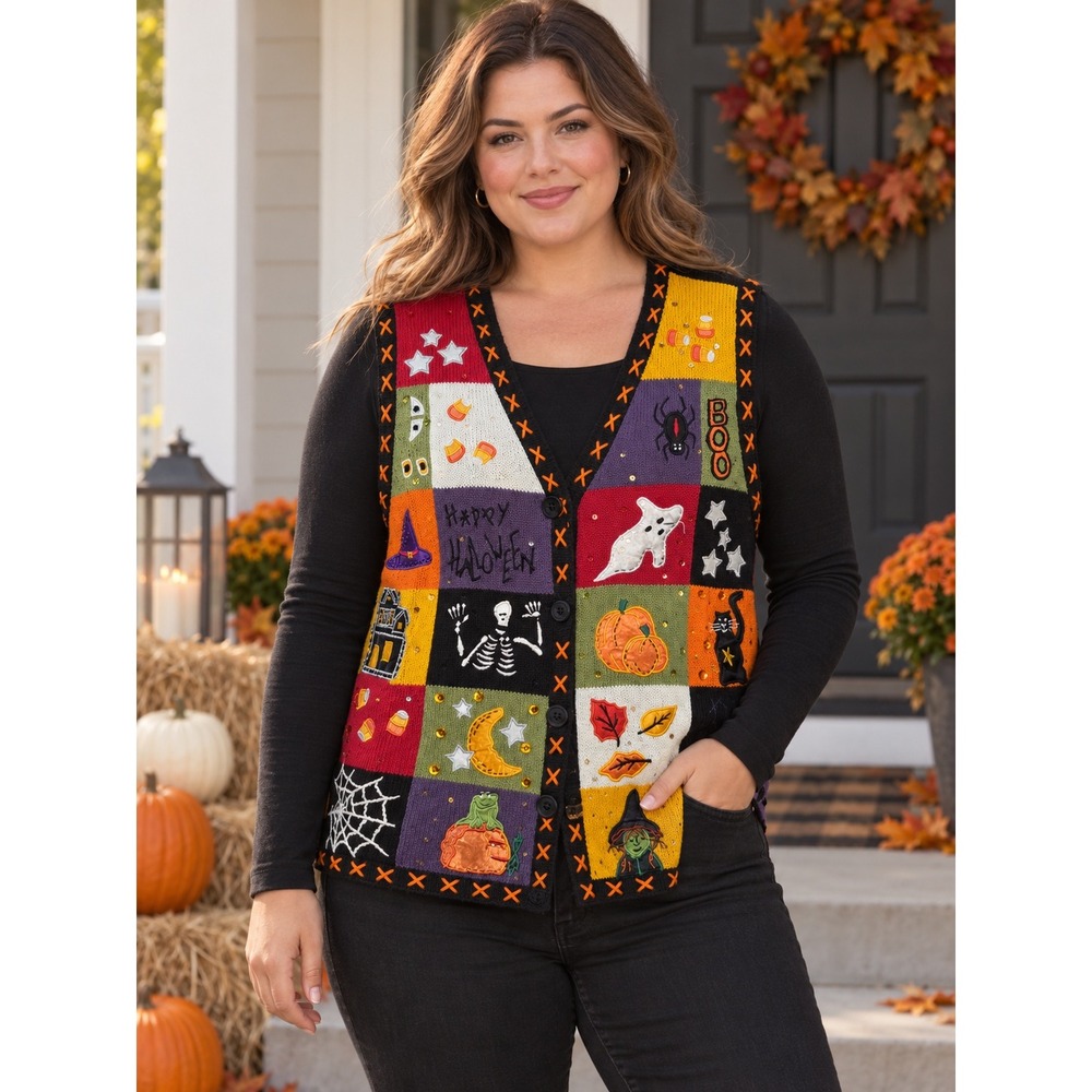 Basic Editions Halloween Sweater Vest Women L Patchwork Kitsch Fall